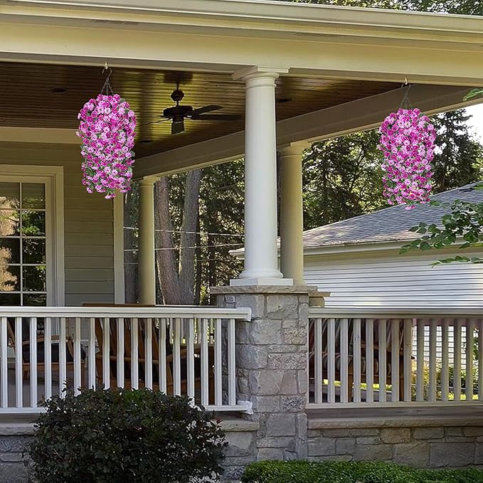 Hanging Baskets Artificial Flowers for Outdoor Interior Decor, Artificial Daisies Flowers Shrubs Plants with Baskets for Home Porch Garden Patio Spring Summer Decoration(Double Lotus)-VerdiqueGarden