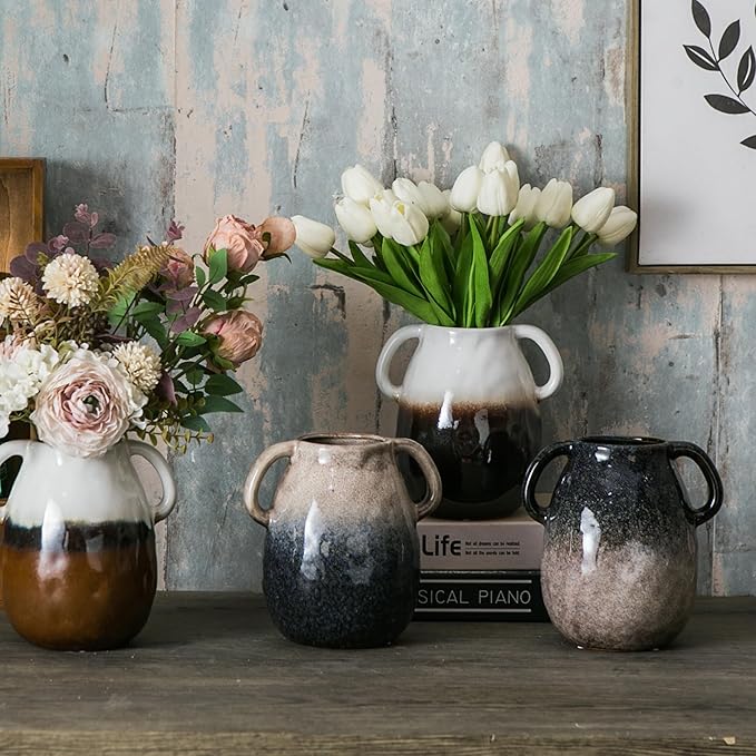 White Gradient Ceramic Vase with 2 Handles, Modern Farmhouse Decor, Rustic Terracotta Pottery, Decorative Flower Vases, Clay Small Vase, Centerpiece for Dining Table - 7 Inch Tall-VerdiqueGarden