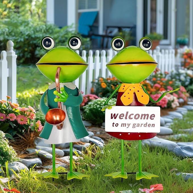 HONGLAND Metal Frog Garden Decor - Metal Frog Outdoor Statue -Outdoor Garden Decorations - 3D Frog Figurines - Christmas Holiday Lawn Patio Yard Fairy Garden Decor (with Welcome)-VerdiqueGarden
