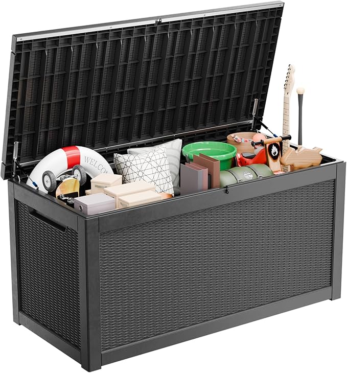260 Gallon Large Resin Deck Box, Lockable Outdoor Storage Box for Patio Cushions Storage Furniture,Garden Tools, Pool Supplies, Weatherproof and UV Resistant-Black Rattan (260 Gallon)-VerdiqueGarden