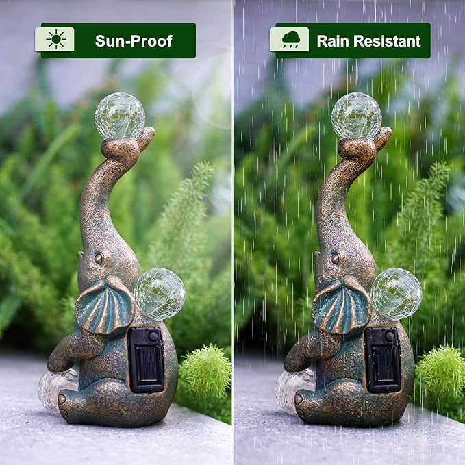 MININOVA Garden Decor Outdoor Statues Elephant with Cracked Glass Balls, Cute Solar Figurine for Patio, Lawn, Yard Art Ornament Decorations (15 LED Lights)-VerdiqueGarden
