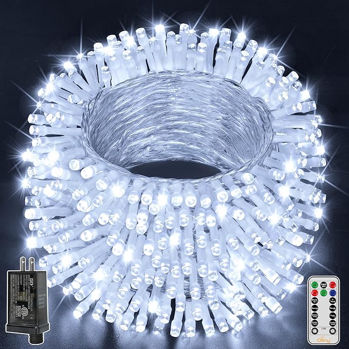 Ollny Christmas Lights Outdoor 400LED 131FT, Cool White Fairy Lights with Remote 3 Timer, Plug in 8 Modes String Lights for Bedroom Indoor Outside House Party Xmas Decorations-VerdiqueGarden
