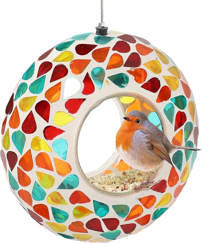 Sunnydaze 6-Inch Glass Mosaic Hanging Bird Feeder for Outdoors - Fly-Through Wild Bird Feeder - Confetti Mosaic-VerdiqueGarden