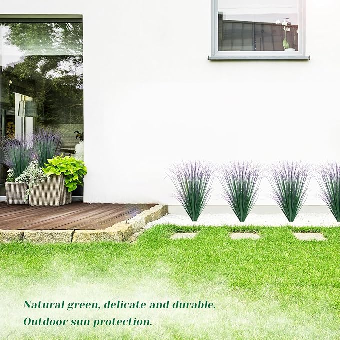 36Pcs Artificial Grass Plants, Faux Shrubs Wheat Grass, Artificial Tall Grass Fake Plants for Outdoor Decor,Artificial Greenery Stems Weed for Room Indoor Home Decor（Green Purple Tail）-VerdiqueGarden