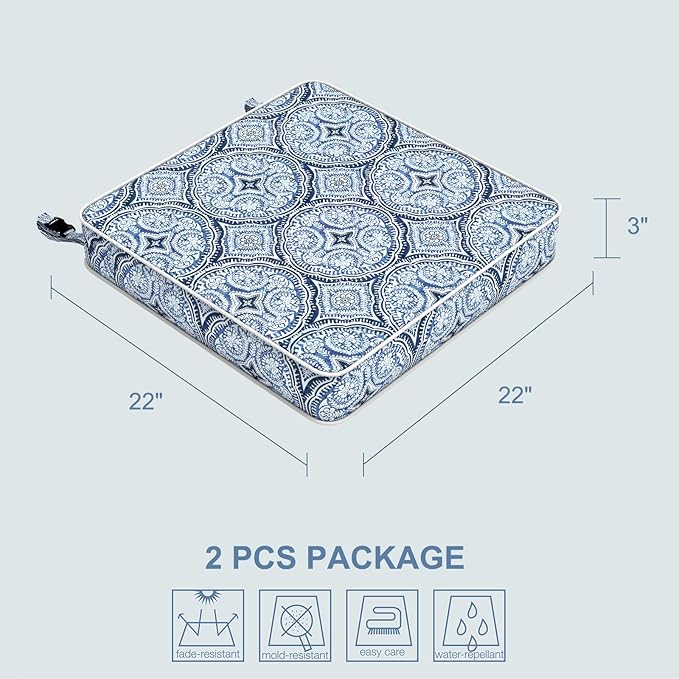LVTXIII Patio Chair Cushions 22"x22"x3", Water-Repellent Outdoor Seat Cushions for Patio Furniture, Square Chair Pads with Ties for Home Garden Decoration, Set of 2, Medallion Blue-VerdiqueGarden