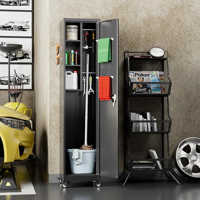 72''H Metal Broom Closet Storage Cabinet with Wheels & Pegboards, Mops Broom Closet Organizer with Locking Door & Hanging Rod,Cleaning Tool Garage Storage Cabinet,Assembly Required,Black-VerdiqueGarden