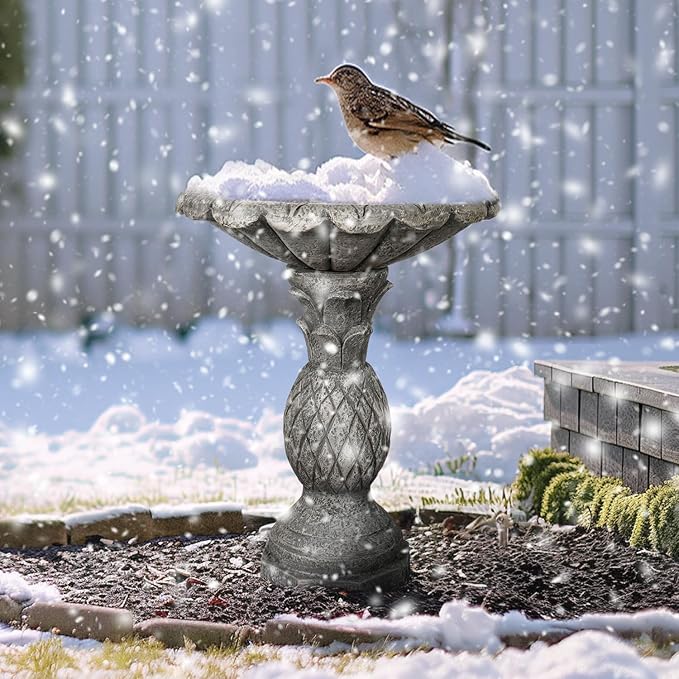 SKYFIRE 24.8" H Cement Modern Outdoor Bird Bath - Fibre Reinforced Concrete Bird Baths for Garden, Large Size Elegant Carved Garden Birdbaths with Pedestal for Patio, Backyard, Lawn Decor-VerdiqueGarden