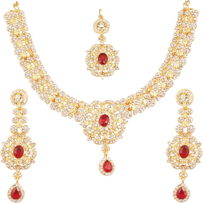 Touchstone Indian jewelry sets for women gold wedding tikka necklace set guest costume fancy bridal jewellery rhinestone crystal elegant formal prom evening wear dainty accessories