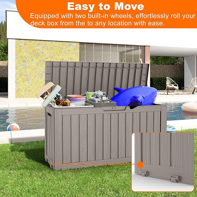 75 Gallon Resin Deck Box, Lockable Patio Outdoor Storage Box for Furniture, Garden Tools and Tools Storage, Waterproof Outside Storage Boxes - Grey-VerdiqueGarden