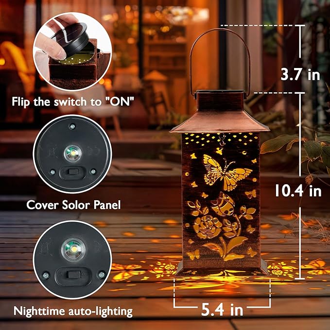 Homemory Butterfly Solar Lanterns Waterproof, Metal Hanging Hollowed-Out Metal Decor Lantern, LED Outdoor Decoration for Outside LED Lanternse for Yard, Backyard, Porch, Lawn-VerdiqueGarden