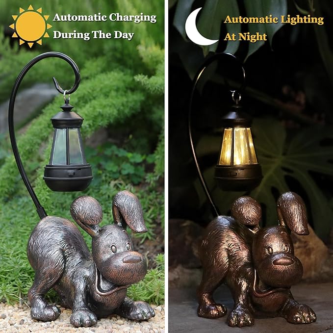 Laughing Dog Figurine with Solar-Powered LED Light 15.9 Inches Tall Antique Bronze, Perfect for Gift Garden Decor or Housewarming for Dog Lovers-VerdiqueGarden