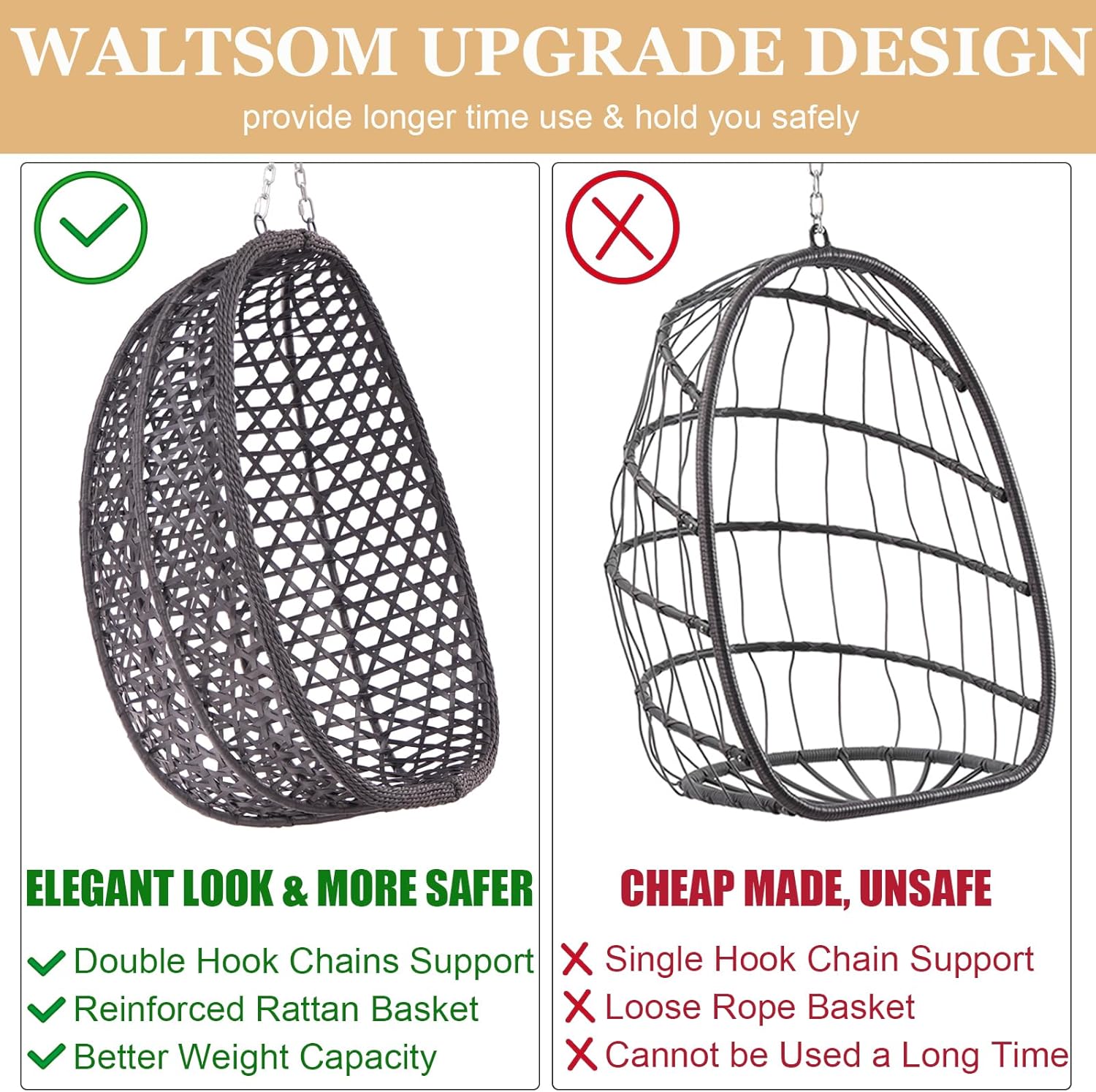 Indoor Hanging Chair with Stand for Bedroom, Hexagon Rattan Wicker Swing Egg Chair for Bedroom Porch Garden Patio Outdoor, Hammock Egg Swing Chair with Cushion,350LBS Capacity(Dark Grey)-VerdiqueGarden