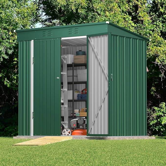 Gizoon 6' x 4' Outdoor Storage Shed with Double Lockable Doors, Anti-Corrosion Metal Garden Shed, Waterproof Shed Outdoor Storage Clearance for Backyard Patio Lawn-Green-VerdiqueGarden