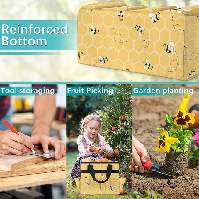Yellow Bee Gardening Tool Bag,Heavy Duty Garden Tote Bag,Portable Oxford Gardening Storage Basket Organizer Handbag with Pockets Handle,Hand Tools Gifts for Outdoor Garden Lawn Yard-VerdiqueGarden
