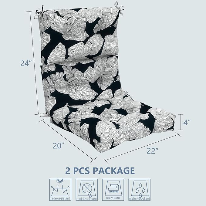 LVTXIII Outdoor Seat/Back Chair Cushion Patio Tufted High Back Cushion, Seasonal Replacement Rocking Chair Cushion with Ties (44” L x 22W”, Set of 2, Black Lush Leaf)-VerdiqueGarden