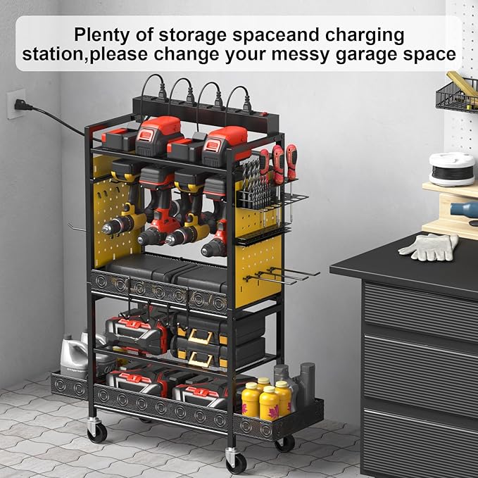 CCCEI Garage Power Tools Organizer Cart with Charging Station, Yellow Floor Standing Rolling Drill and Tools Battery Storage Cart on Wheels. Utility Rack Gift for Men, Husband, Father.-VerdiqueGarden
