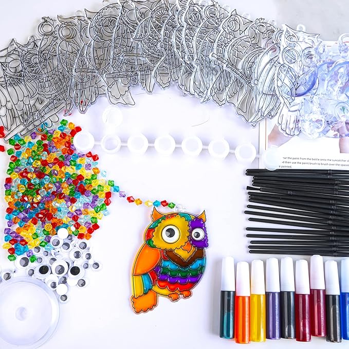 Winlyn 24 Sets Owl Suncatchers Ornaments Decorations DIY Window Paint Art Suncatchers Owl Craft Kits Sun Catchers for Kids Home Classroom Winter Holiday Season Fall Christmas Activities Party Favors-VerdiqueGarden