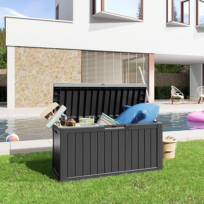 80 Gallon Resin Deck Box, Lockable Outdoor Storage Box for Patio Cushions Storage Furniture,Garden Tools, Pool Supplies, Weatherproof and UV Resistant- Black (80 Gallon)-VerdiqueGarden