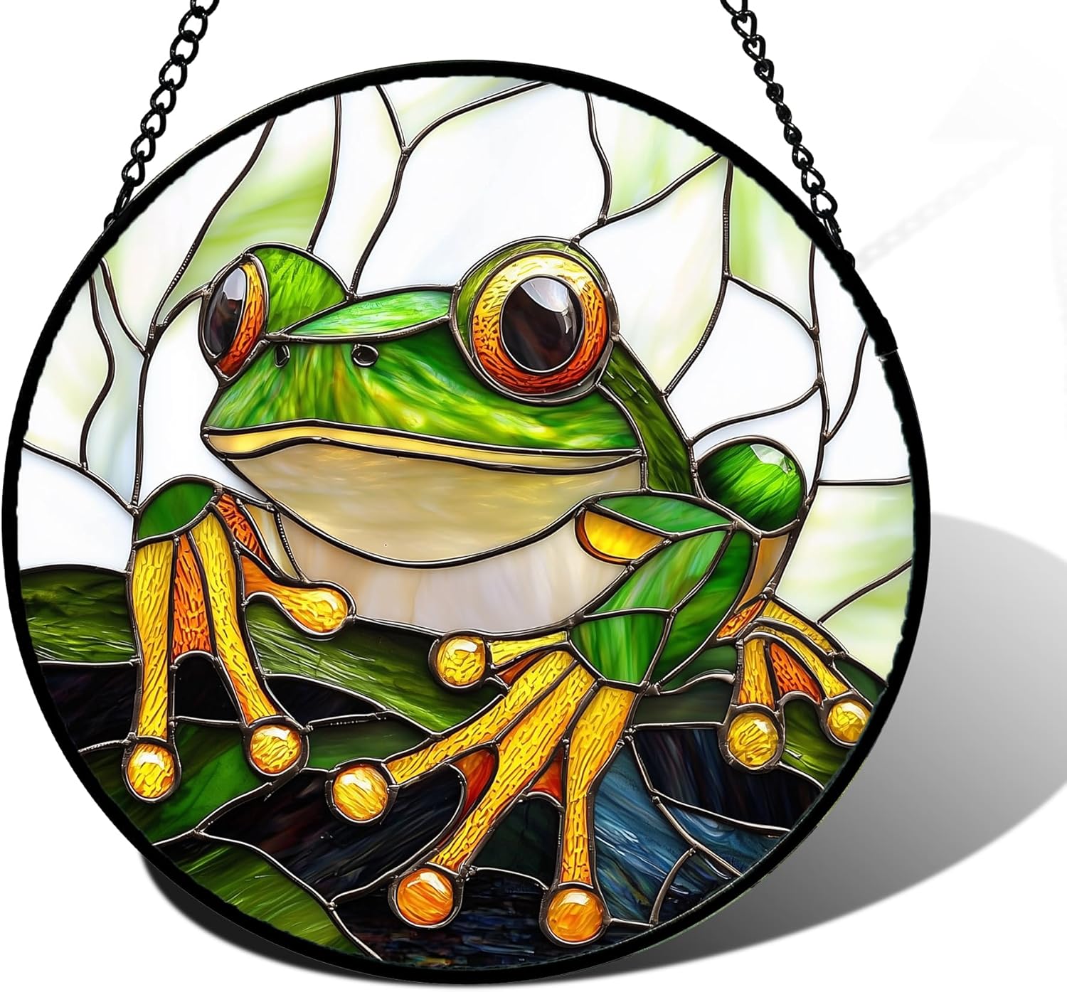 Stained Glass Window Hanging, Green Frog White Petals Sun Catchers Colorful Glass Panel Cute Suncatcher Decor for Birthday for Women, Men, Wife, Aunt, and Mom 9.8 in-VerdiqueGarden