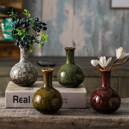 JOJUNO Glazed Rustic Bud Vase Set of 4 - Small Ceramic Mini Pottery Vases in White, Yellow, Green, Red - Ideal for Fresh & Dried Flowers - Modern Farmhouse Décor for Living Room, Shelves, Dining Table-VerdiqueGarden