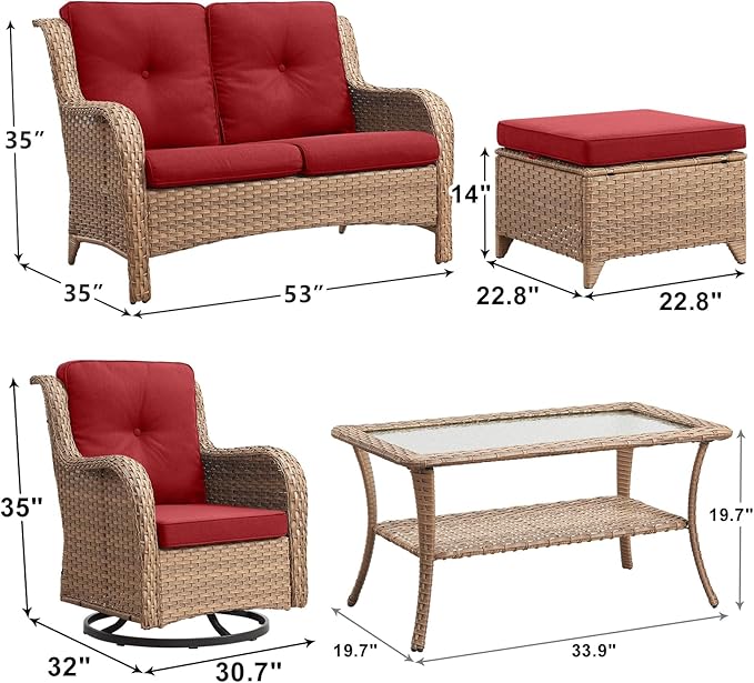 Outdoor Wicker Patio Furniture Set - 6 Piece Rattan Patio Conversation Set with 2 Rocking Swivel Chairs,2 Ottomans,1 Loveseat and 1 Coffee Table for Porch Deck Backyard Garden(Yellow/Red)-VerdiqueGarden