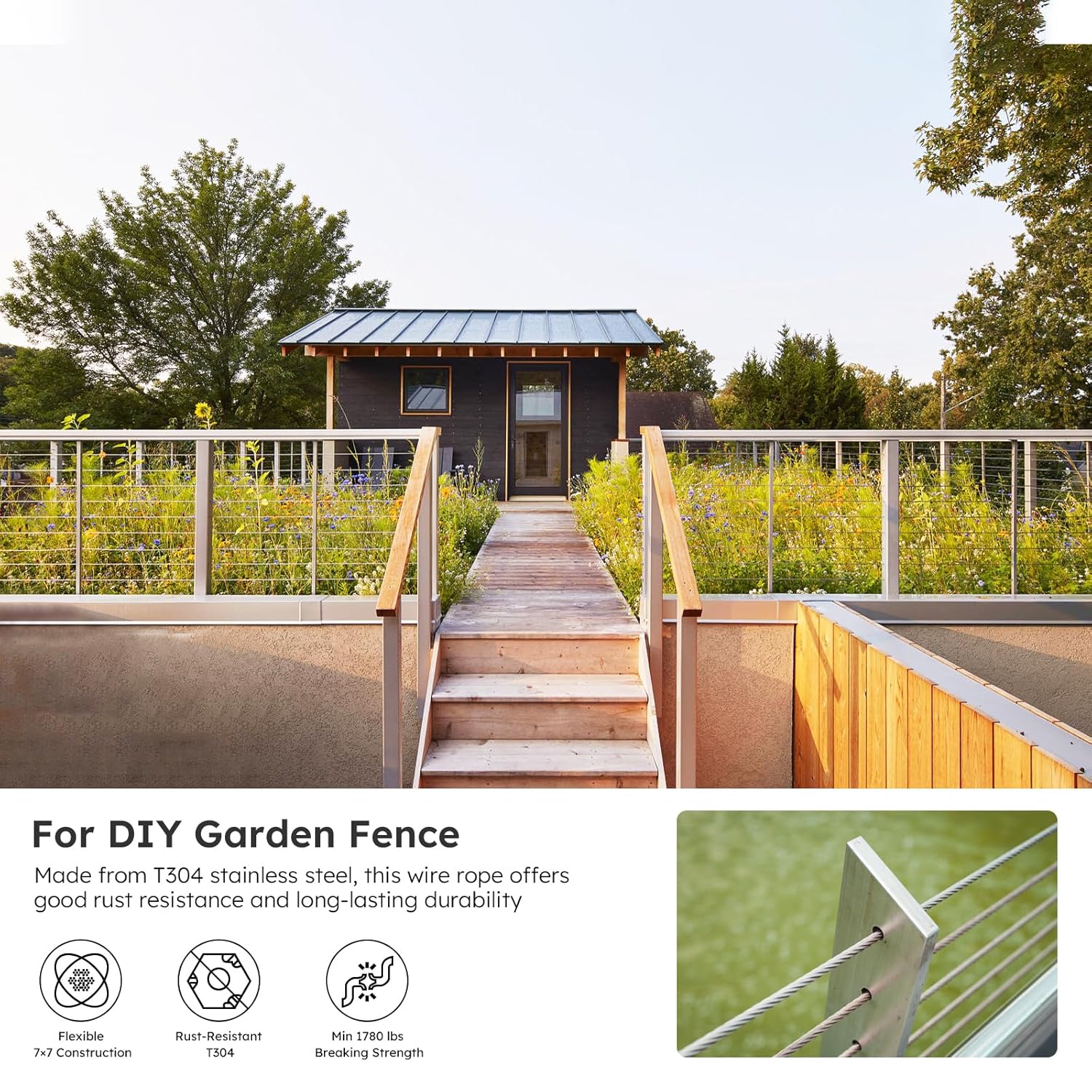 1/8 Inch Stainless Steel Cable Kit 100FT, 7 x 7 Strand Wire Rope with Aluminium Sleeves & Thimbles for Deck Railing, String Light Hanging, Shade Sail, Garden and DIY Projects-VerdiqueGarden