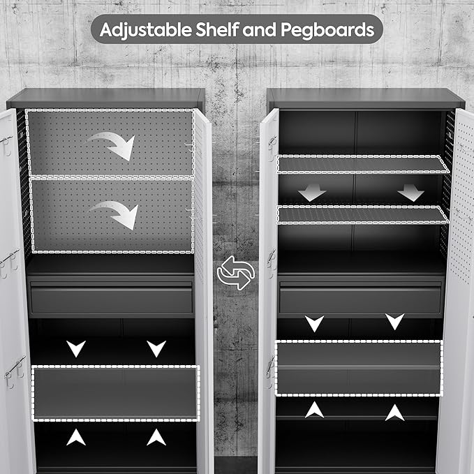 Metal Garage Cabinet with Wheels,71''H Rolling Lockable Steel Tool Storage Cabinet with Pegboard &1 Drawer for Garage,Home,Office,Black Gray, Assembly Required-VerdiqueGarden