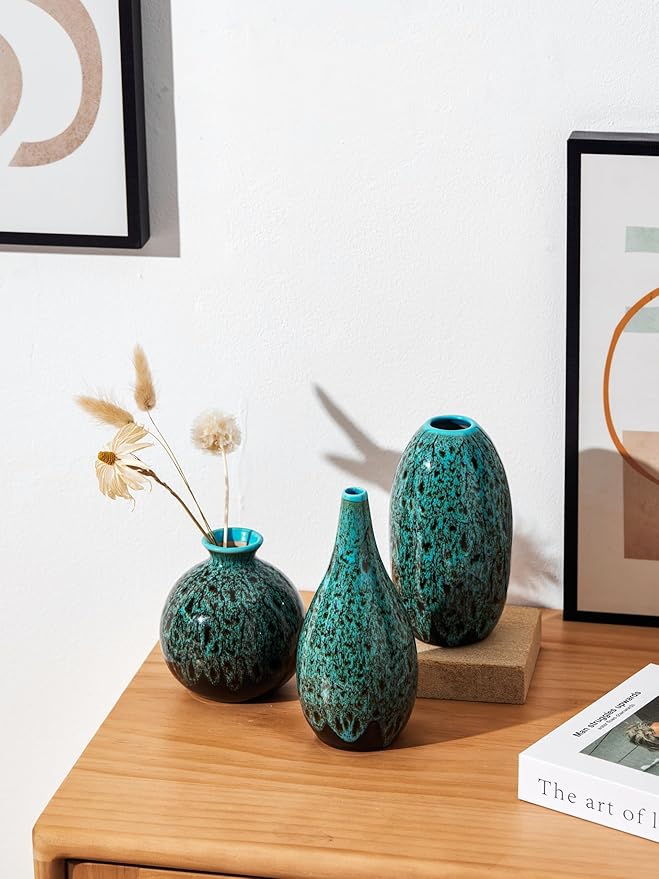 Ceramic Bud Vase Set, Fambe Blue Glazed Finish, Decorative Flower Vases (Blue-Set of 3)-VerdiqueGarden