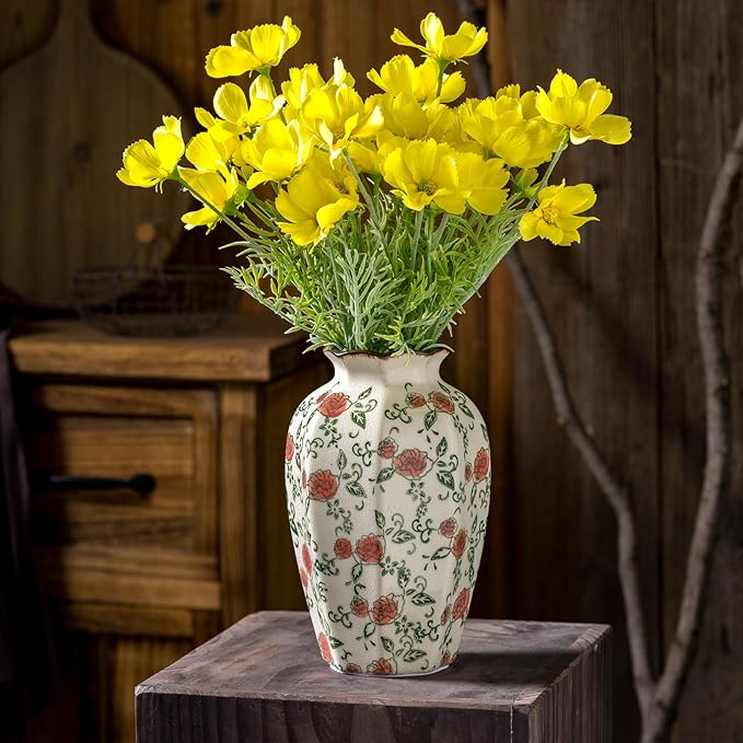 Green&Beige Vintage Octagonal Vase, Red Rose Chinoiserie Floral Vase, Farmhouse Antique Decorative Ceramic Flower Vases for Bouquet, Home Decor, Living Room, Bookshelf, Office, Tuscan Decor 9.1 Inch-VerdiqueGarden