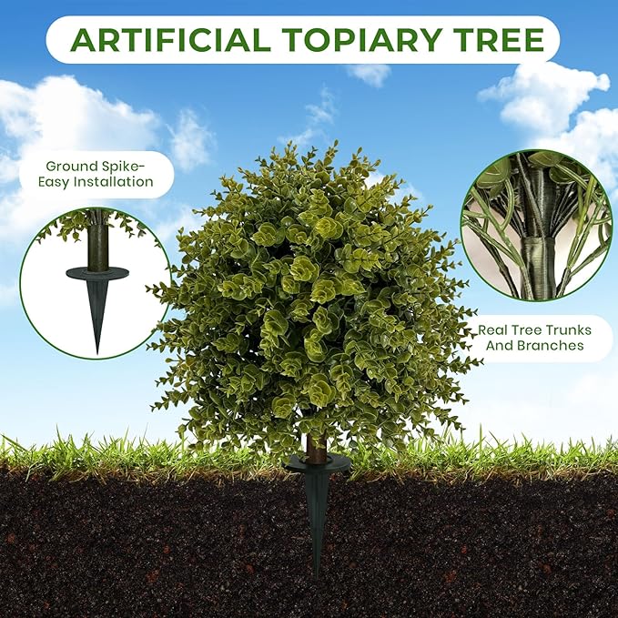 ICX 2 Set 25" Artificial Eucalyptus Topiary Ball Trees with Ground Spike,Artificial Plants Outdoor,Fake Bushes & Shrubs for Porch, Garden, Front Porch Decor - Indoor/Outdoor Faux Plants-VerdiqueGarden