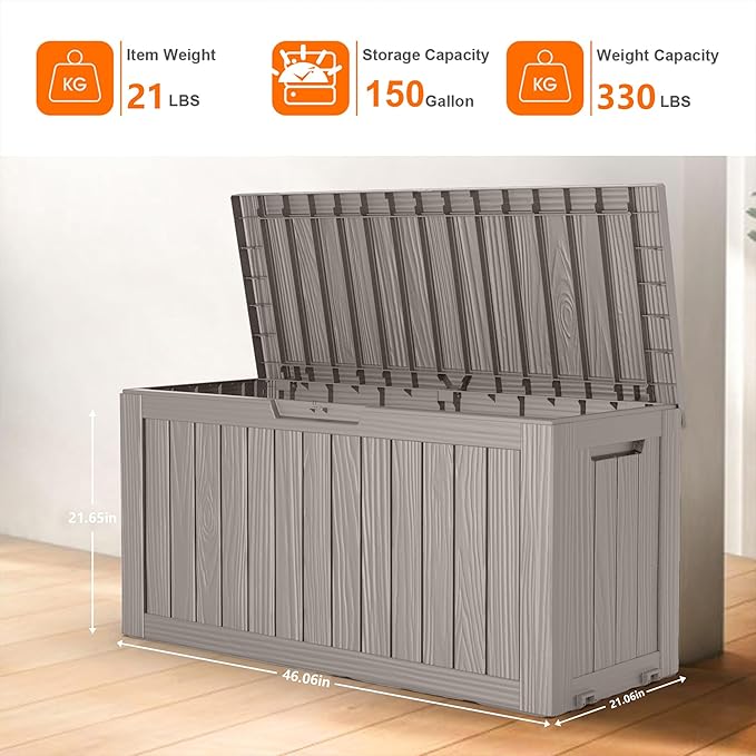 75 Gallon Resin Deck Box, Lockable Patio Outdoor Storage Box for Furniture, Garden Tools and Tools Storage, Waterproof Outside Storage Boxes - Grey-VerdiqueGarden