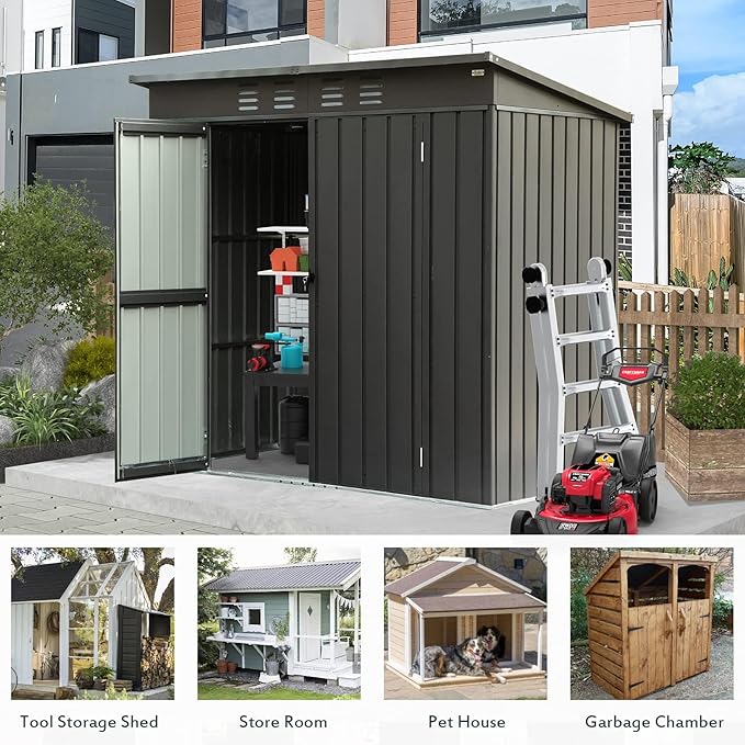 Domi Outdoor Storage Shed 6' x 4.5’, Metal Garden Shed with Galvanized Steel Frame for Bike, Tools, Lawn Mowers, Pool Toys, Outdoor Storage Cabinet with Lockable Door for Garden Lawn Patio (Dark Grey)-VerdiqueGarden