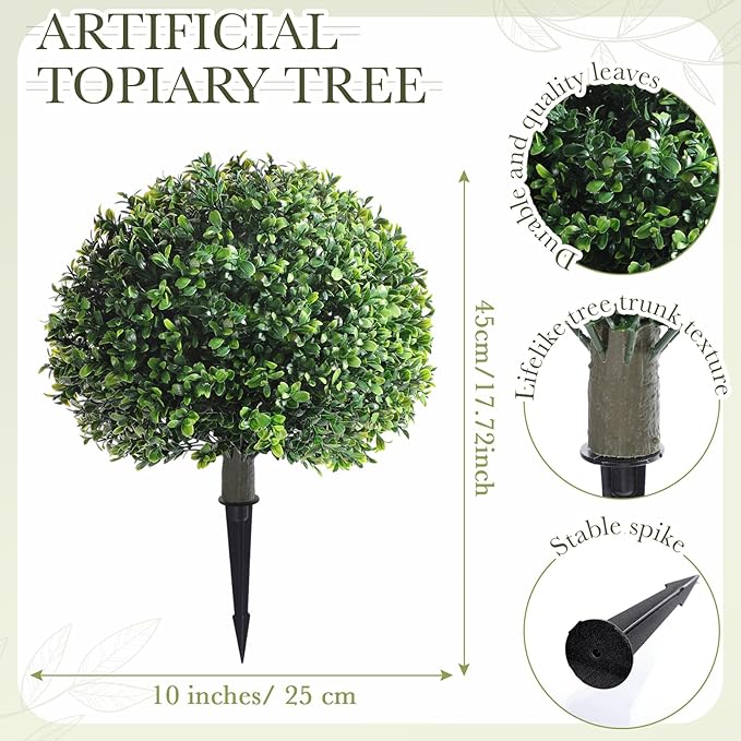 Yunlly 6 Pack 18" Artificial Boxwood Ball Bush Topiary Trees Fake Outdoor Plants, Realistic UV Resistance Faux Shrubs with Spike Greenery Topiary for Front Porch Garden Yard Patio Indoor (Green)-VerdiqueGarden