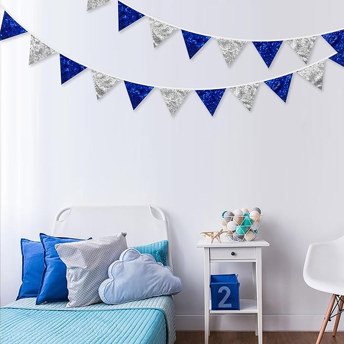 Pinkblume Silver Blue Double Sided Sequin Fabric Triangle Pennant Banner Flag Bunting Garland for Nautical Ahoy Anchor Theme Nursery Home Classroom Wall Decor-VerdiqueGarden