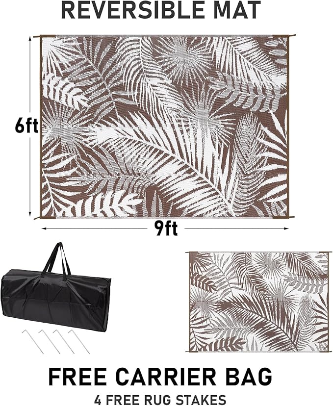 HiiARug Outdoor Rug 6x9Ft Outdoor Plastic Straw Rug Waterproof Outdoor Rugs for Patios Clearance Large Reversible Patio Mat Outdoor Area Rug for Patios Deck Beach RV Camper Backyard,Brown&White-VerdiqueGarden