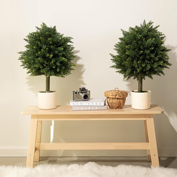 Premium 16" Diameter Artificial Cypress Topiary – Set of 2 Faux Plants in Beige Decorative Planters – UV-Resistant, Weatherproof, Realistic Outdoor & Indoor Greenery-VerdiqueGarden