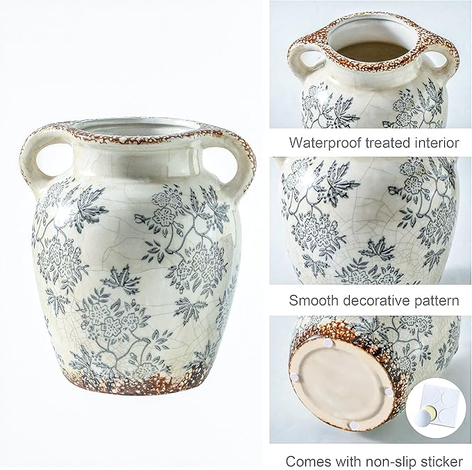 Enra Vintage vase with Handle,Blue and White Ceramic Decorative Flower vase, Chinoiserie Floral Vase,Large Rustic Vases for Home Decors, Living Room, Bookshelf, Office,7.8 in-VerdiqueGarden