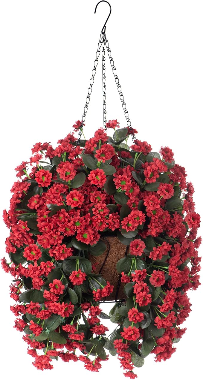 Hanging Baskets Artificial Flowers for Outdoor Interior Decor, Artificial Daisies Flowers Shrubs Plants with Baskets for Home Porch Garden Patio Patio Spring Summer Decor(Red)-VerdiqueGarden