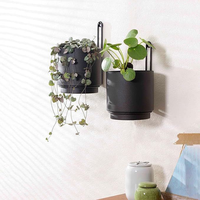 2 Pcs Wall Mounted Hanging Planters for Indoor and Outdoor Plants Wall Hanging Planters for Indoor Plants Modern Wall and Ceiling Planter Minimalist Flower Pot (Black-1, 5.91 inch)-VerdiqueGarden