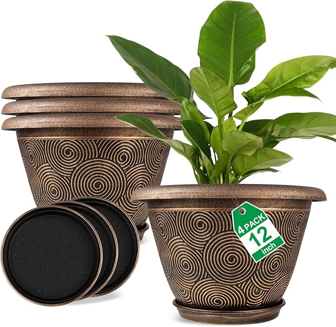 12 Inch Large Planter Pot for Plants Indoor Outdoor, 4 Pack Plastic Flower Pots with Drainage Hole & Tray, Modern Decorative Garden Pot with Saucer, Plant Container for House-VerdiqueGarden