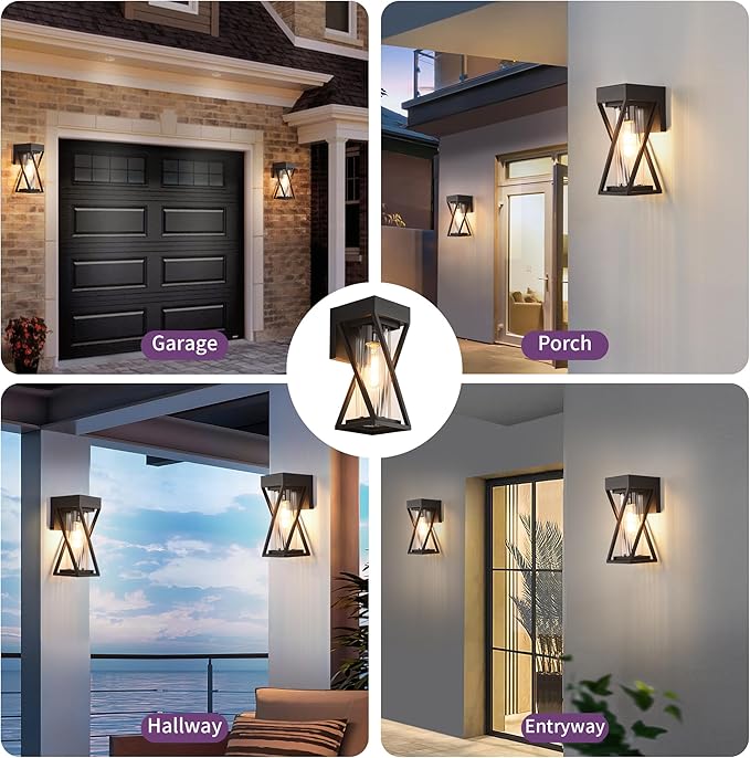 Outdoor Wall Lights Set of 2, Exterior Sconce Lighting Fixtures, Black Outdoor Porch Lights, Outdoor Wall Lantern with Clear Stripe Glass for Patio, Garage-VerdiqueGarden