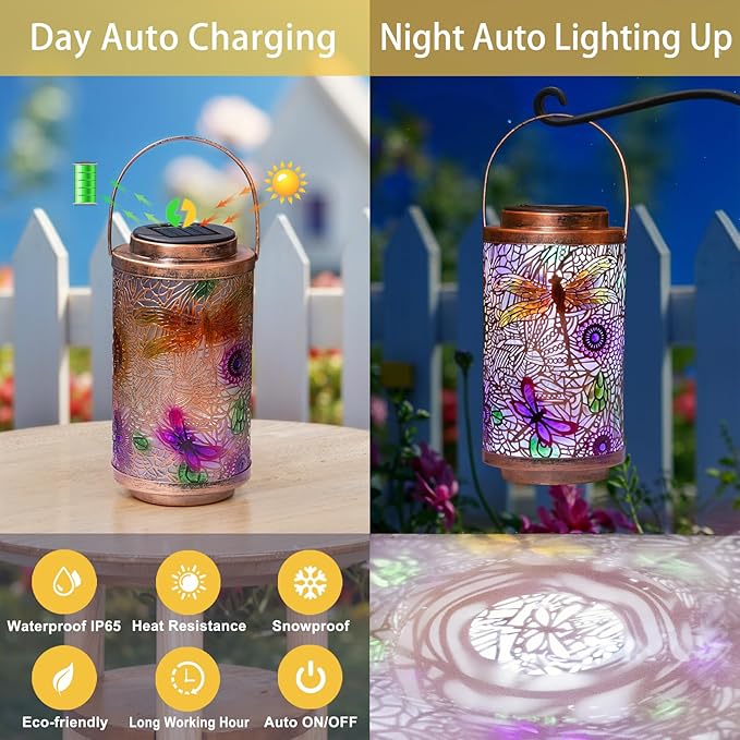 Go2garden 2Pack Solar Outdoor Lanterns Waterproof Dragonfly Garden Gifts for Women Patio Decor Lights Metal Lantern for Yard, Tabletop, Porch, Outside,Mothers Day Gifts for Mom Women-VerdiqueGarden