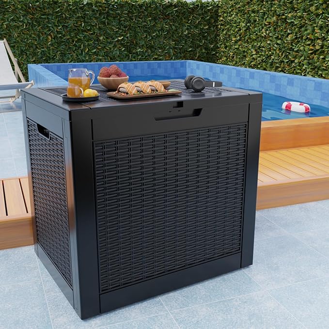 36 Gallon Outdoor Deck Box,Storage Lockable Waterproof Patio Furniture,Garden Tools,Cushions,Pool Accessories Outside Storage Resin Box(Black Pattern)-VerdiqueGarden