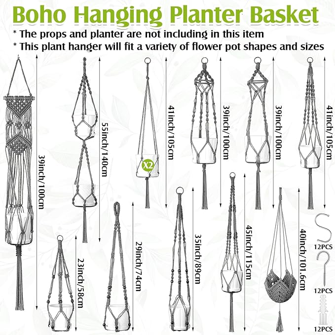 Hoteam 12 Pcs Macrame Plant Hangers Macrame Hanging Planters for Indoor Plants Handmade Boho Hanging Baskets Flower Pots Holder for Outdoor Home Wall Decor-VerdiqueGarden