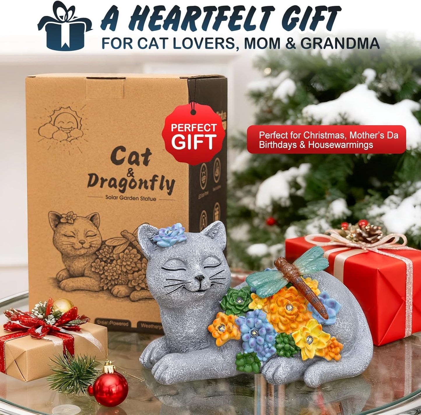 Solar Cat Garden Statue - Lying Outdoor Figurine with Dragonfly & Flower LEDs, Upgraded 2.0 Solar, Auto On/Off, IP65 Waterproof Hand-Painted Resin, Garden Decor, Gift for Cat Lovers, Mom, Grandma-VerdiqueGarden