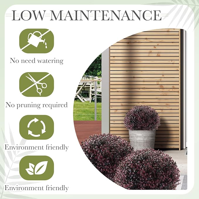 Yunlly 4 Pack 18" Artificial Boxwood Ball Bush Topiary Trees Fake Outdoor Plants, Realistic UV Resistance Faux Shrubs with Spike Greenery Topiary for Front Porch Garden Yard Patio Indoor (Dark Purple)-VerdiqueGarden