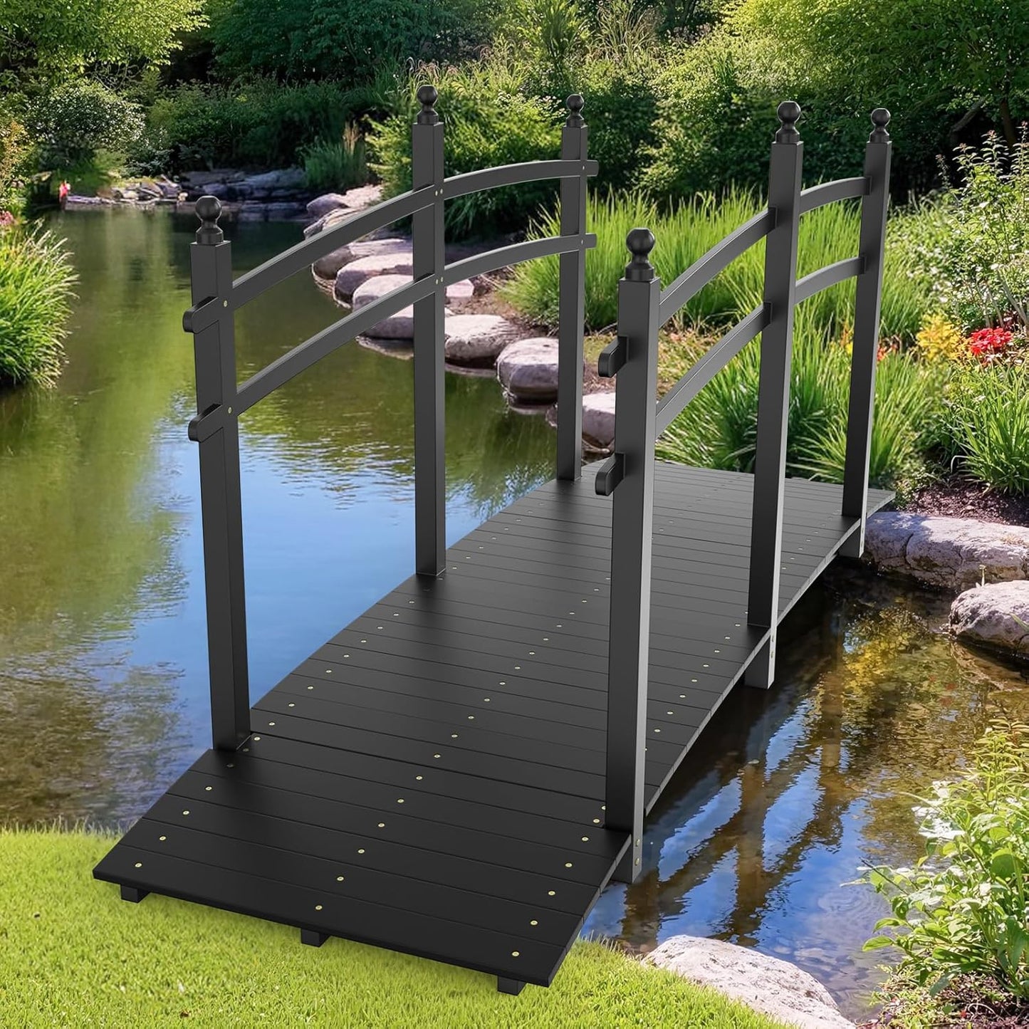 VINGLI Garden Bridge, Classic Wooden Arch with Safety Rails Footbridge (Black, 7.5 ft)-VerdiqueGarden