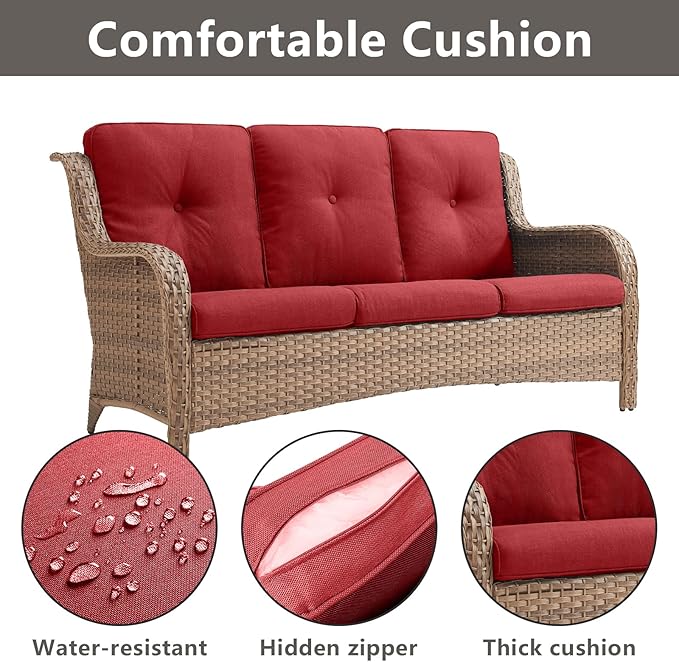 Outdoor Wicker Patio Furniture Set - 6 Piece Rattan Patio Conversation Set with 2 Rocking Swivel Chairs,2 Ottomans,1 Sofa and 1 Side Table for Porch Deck Backyard Garden(Yellow/Red)-VerdiqueGarden