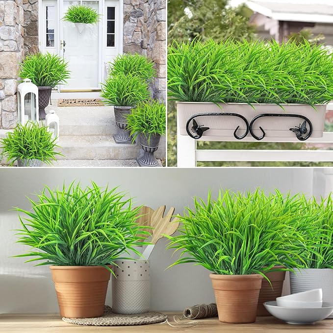 Ouddy Decor 16 Bundles Artificial Plants Outdoor Fake Grass Greenery Stems UV Resistant Faux Plastic Shrubs for Spring Summer Garden Pathway Window Box Front Porch Home Decor, Green-VerdiqueGarden