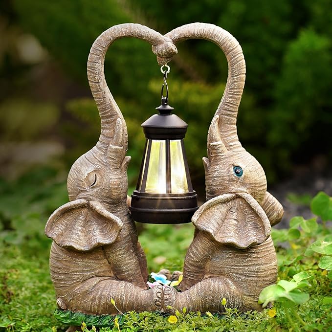 Elephant Statue Easter Garden Decor with LED Solar Lights-Set of 2 Good Luck Elephant Outdoor Statue Christmas Decorations for Yard Patio,Porch,Home -Mothers Day Gifts for Women, Mom, Grandma-VerdiqueGarden